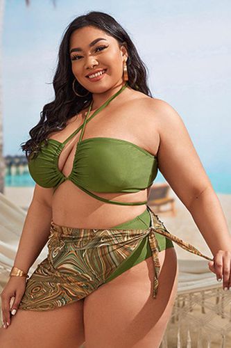 Olive Multi Printed Halter Three Piece Plus Size Swimsuit - AMIClubwear - Modalova