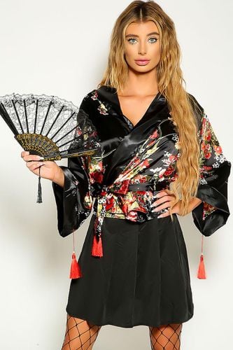 Black Floral Long Sleeve Kimono Two Piece Costume - AMIClubwear - Modalova