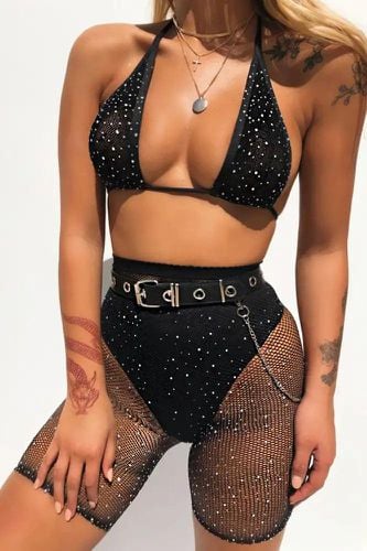 Black Rhinestone Fishnet Two Piece Swimsuit - AMI Clubwear - Modalova