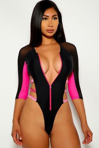 Fuchsia Black Mesh One Piece Swimsuit - Kandy Kouture - Modalova