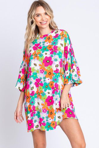 GeeGee Full Size Floral Round Neck Lantern Sleeve Mini Dress - Trendsi - Modalova