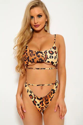 Leopard Print Two Piece Cut Out Strappy Swimsuit - AMIClubwear - Modalova