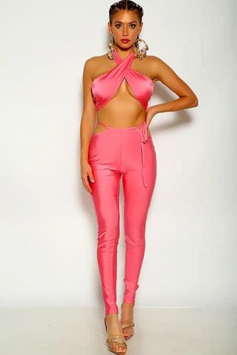 Pink Cross Halter Side Tie Two Piece Outfit - AMIClubwearStore - Modalova