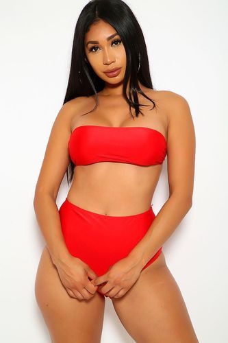 Red Bandeau High Waisted 2 Pc. Swimsuit - AMI Clubwear - Modalova