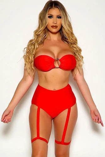 Red Strapless Bandeau O-Ring High Waist Garter Two Piece Swimsuit - Kandy Kouture - Modalova