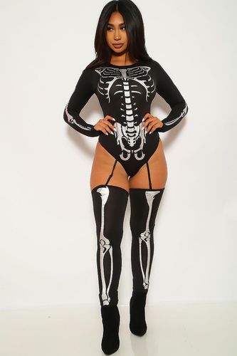 Sexy Bone-A-Fide Skeleton Black Silver Long Sleeve Bodysuit 3 Pc Costume - AMIClubwear - Modalova