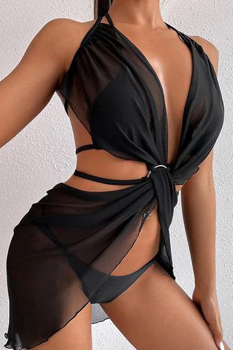 Sexy Black Strappy Ring Linked Halter 3 Pc Mesh Cover Up - AMIClubwear - Modalova