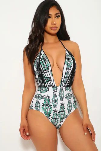 Sexy Green Black Floral Print Plunging Neckline One Piece Swimsuit - Kandy Kouture - Modalova