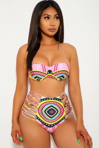 Sexy Pink Tribal Print Strappy High Waist Swimsuit - Kandy Kouture - Modalova