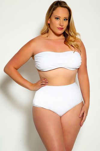 Sexy White Bandeau High Waist Plus Size Swimsuit - AMI Clubwear - Modalova