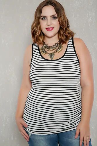 Sexy White Black Striped Ribbed Sleeveless Casual Plus Size Top - AMIClubwearStore - Modalova