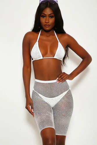 Sexy White Sparkle Rhinestone Two Piece Swimsuit - AMIClubwearStore - Modalova