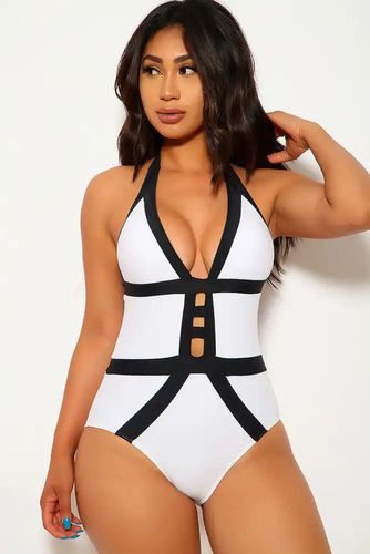 Sexy White Plunging V Neck Line One Piece Swimsuit - Kandy Kouture - Modalova