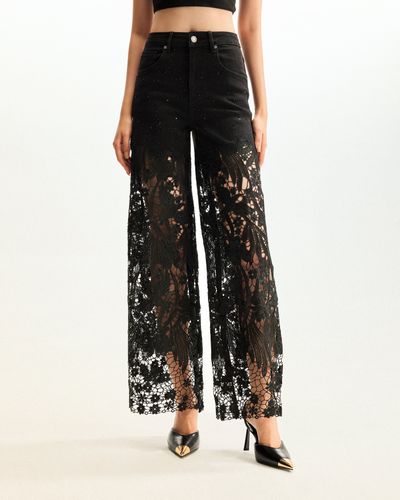 Embroidery High Rise Wide Leg Lace Denim Jeans With Rhinestone - Black - JW PEI - Modalova