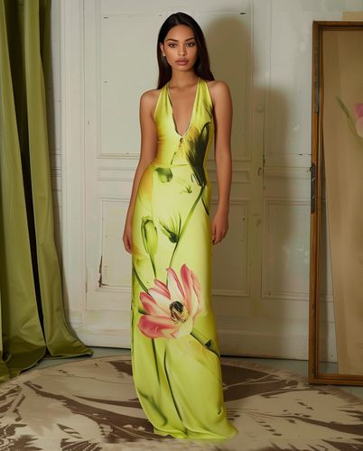 Floral Satin Halter Dress - Yellow/Pink - JW PEI - Modalova