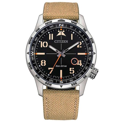 Men's Watch - Eco-Drive Black Dial Khaki Nylon Strap Compass / BM7550-10E - Citizen - Modalova