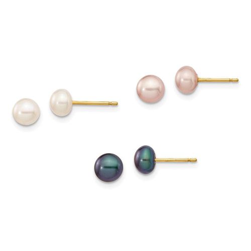 K 5-6mm Button Freshwater Cultured Pearl Boxed 3 pair Post Earrings Set - Jewelry - Modalova