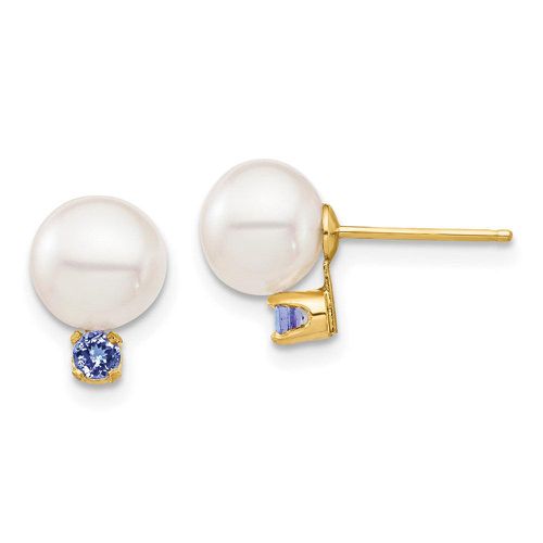 K 7-7.5mm White Round Freshwater Cultured Pearl Tanzanite Post Earrings - Jewelry - Modalova