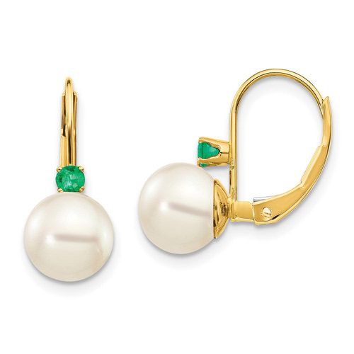 K 7-7.5mm White Round FW Cultured Pearl Emerald Leverback Earrings - Jewelry - Modalova