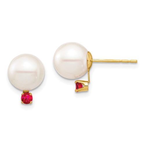 K 8-8.5mm White Round Freshwater Cultured Pearl Ruby Post Earrings - Jewelry - Modalova