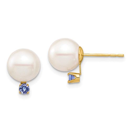 K 8-8.5mm White Round Freshwater Cultured Pearl Tanzanite Post Earrings - Jewelry - Modalova