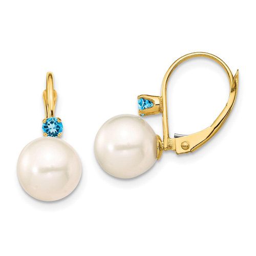 K 8-8.5mm White Round FWC Pearl Blue Topaz Leverback Earrings - Jewelry - Modalova