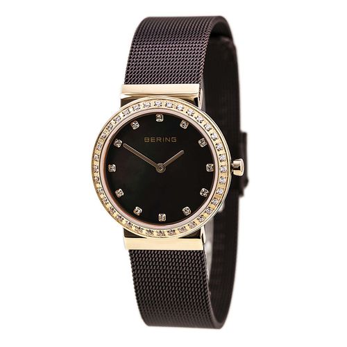 Women's Brown MOP Dial Black IP Steel Mesh Bracelet Crystal Watch - Bering - Modalova