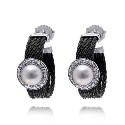 Stainless Steel and 18K White Gold, Pearl 7.4mm and Diamond Cable Hoop Earrings 03-52-P022-11 - Alor - Modalova