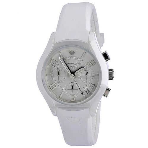 Men's Chronograph Watch - Ceramica White Dial Silicone Rubber Strap / AR1431 - Armani - Modalova
