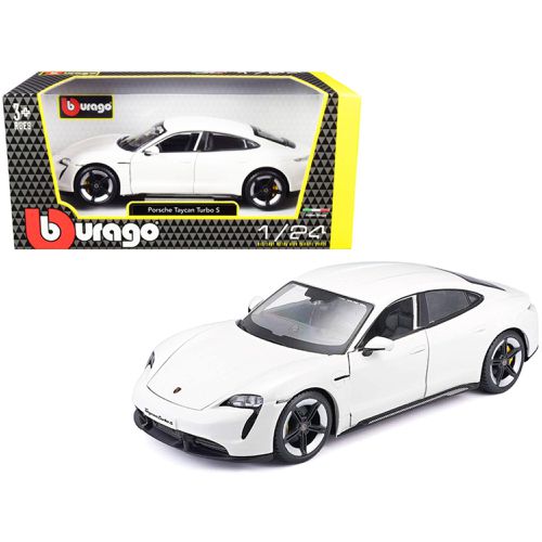 Diecast Model Car - Porsche Taycan Turbo S White Steerable Wheels - Bburago - Modalova
