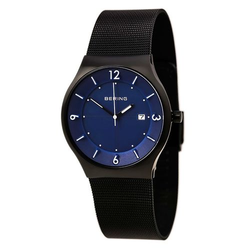 Men's Solar Blue Dial Black IP Milanese Steel Mesh Bracelet Watch - Bering - Modalova
