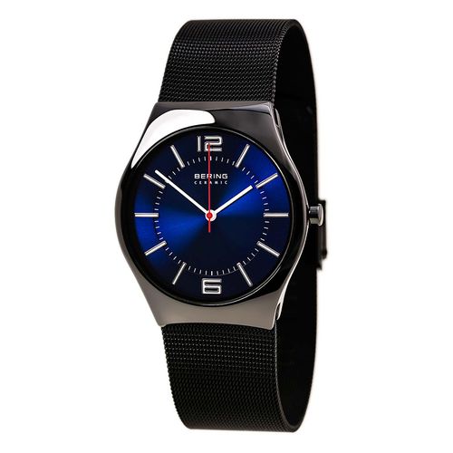 Men's Ceramic Quartz Blue Dial Black IP Milanese Steel Mesh Bracelet Watch - Bering - Modalova