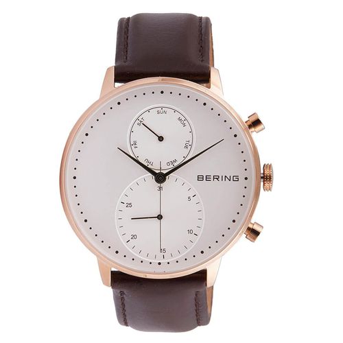 Men's Strap Watch - Classic Day-Date White Dial Brown Leather / 13242-564 - Bering - Modalova