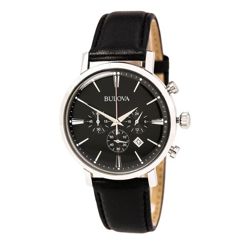 B262 Men's Classic Black Dial Black Leather Strap Chronograph Watch - Bulova - Modalova