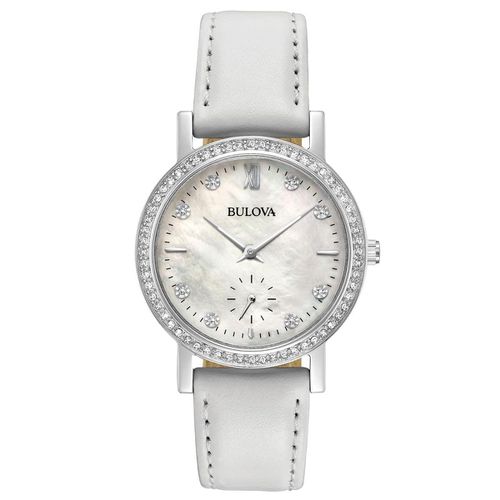 L245 Women's Crystal White Leather Strap Quartz White MOP Dial Watch - Bulova - Modalova