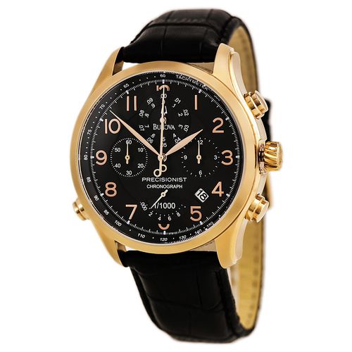 B122 Men's Precisionist Black Dial Leather Strap Rose Gold Steel Chronograph Watch - Bulova - Modalova