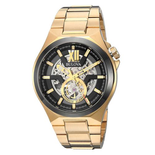 A178 Men's Automatic Power Reserve Yellow Gold Bracelet Semi-Skeleton Black Dial Watch - Bulova - Modalova