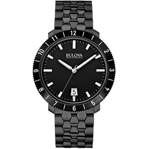B218 Men's Accutron II Moonview Black Dial Black IP Steel Bracelet Watch - Bulova - Modalova