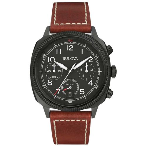 B245 Men's Military UHF Black Dial Brown Leather Strap Chronograph Watch - Bulova - Modalova