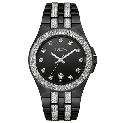 B251 Men's Crystal Accented Bezel Black Dial Two Tone Black IP Steel Watch - Bulova - Modalova