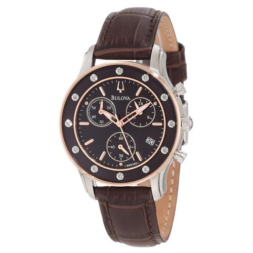 R160 Women's Brown Leather Strap Quartz Chrono Brown Dial Diamond Watch - Bulova - Modalova