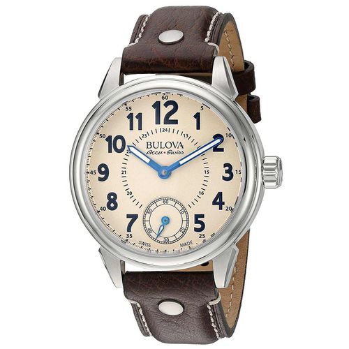 Accu-Swiss 63A121 Men's Gemini Beige Dial Brown Leather Strap Mechanical Watch - Bulova - Modalova