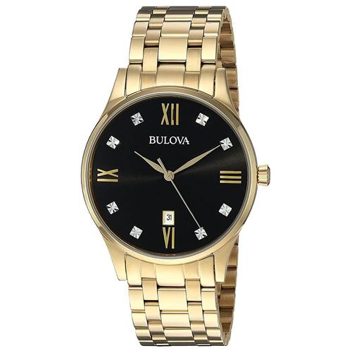 Men's Diamond Watch - Quartz Yellow Gold Steel Black Dial / 97D108 - Bulova - Modalova