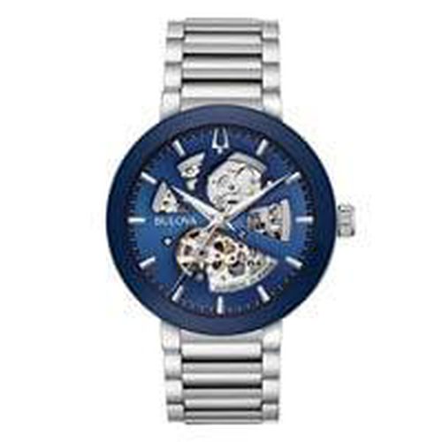 Men's Modern Automatic Watch - Blue & Silver Semi-Skeleton Dial / 96A204 - Bulova - Modalova