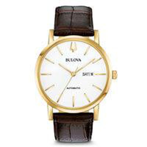 Men's Strap Watch - Classic Automatic White Dial Brown Leather / 97C107 - Bulova - Modalova