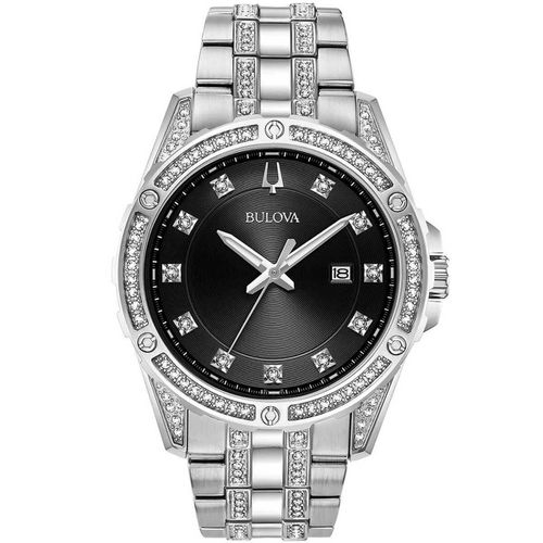 Men's Quartz Watch Gift Set - Crystal Black Dial Steel Bracelet / 96K105 - Bulova - Modalova