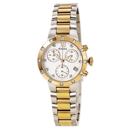 Women's Diamond Chronograph Watch - Two Tone Rose Gold Steel MOP Dial / 98R210 - Bulova - Modalova