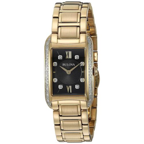 Women's Diamond Watch - Black Dial Yellow Gold Steel Bracelet / 98R228 - Bulova - Modalova