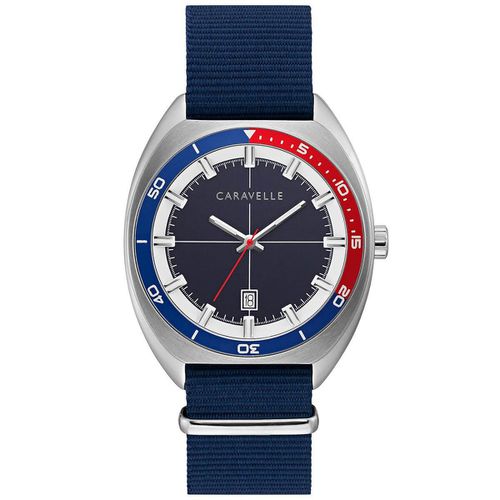 Men's Strap Watch - Quartz Navy Blue and Red Bezel Nylon / 43B167 - Caravelle - Modalova