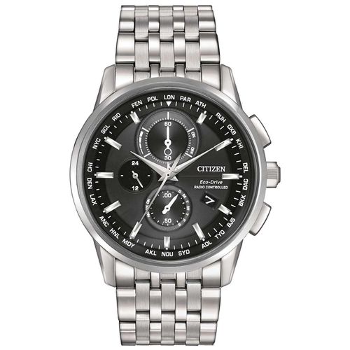 Men's Eco-Drive Steel Watch - World Chronograph A-T Black Dial / AT8110-53E - Citizen - Modalova